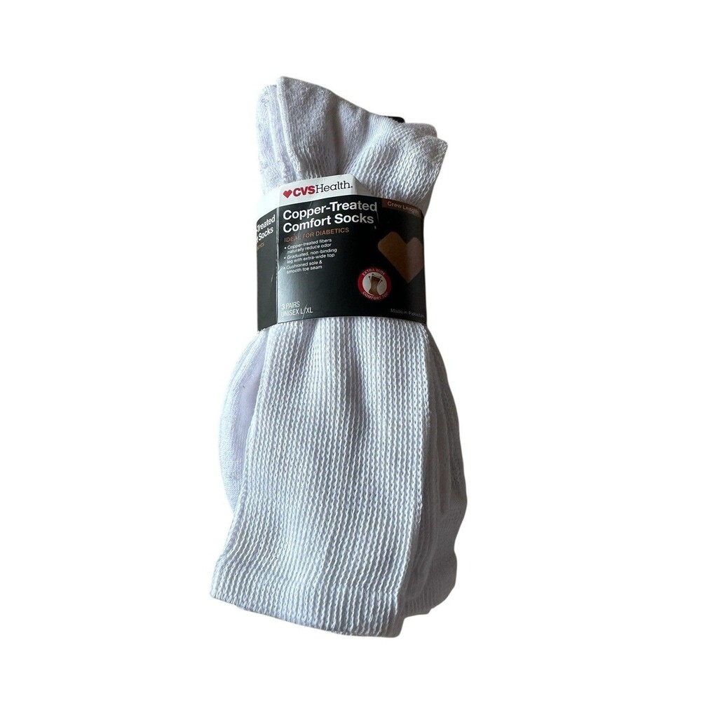 3 Pairs CVS Health Copper Treated Comfort Socks Unisex L/XL Adult White Crew